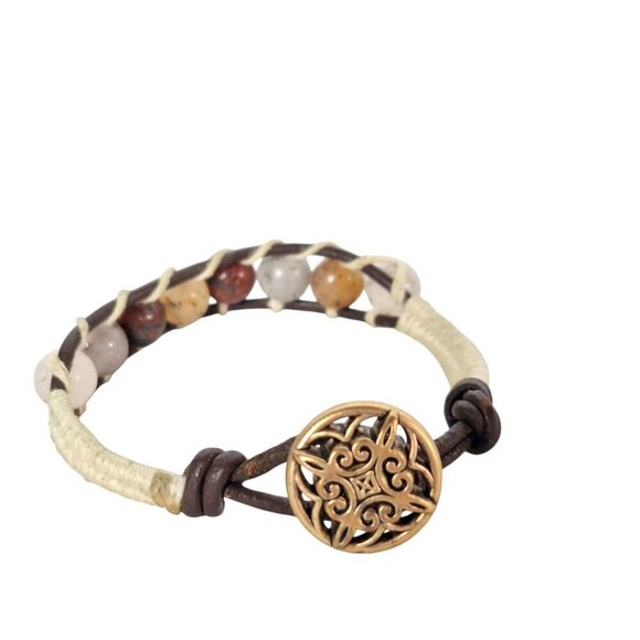 Vintage Boho Chic Glass Bead Leather Bracelet - Picture 2 of 8